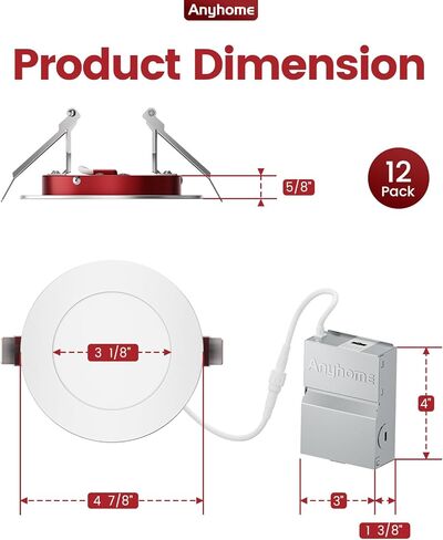 12 Pack 4 Inch Fire Rated Led Recessed Light with Junction Box, 2 Hour Fire Rating,5CCT Selectable Led Ultra Thin Recessed Lighting,9W 700LM CRI90,Dimmable Led Wafer Light,ETL& ES in Saudi Arabia
