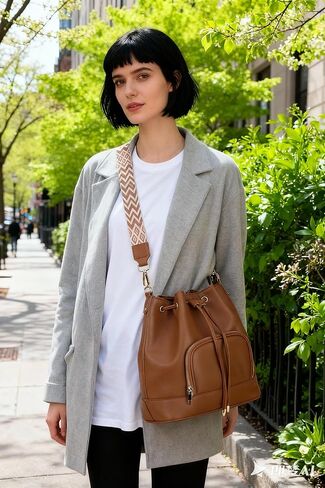 AFKOMST Leather Bucket Bag and Drawstring Crossbody Purse for Women Medium Tote and Hobo Handbag with Guitar Strap in Kuwait