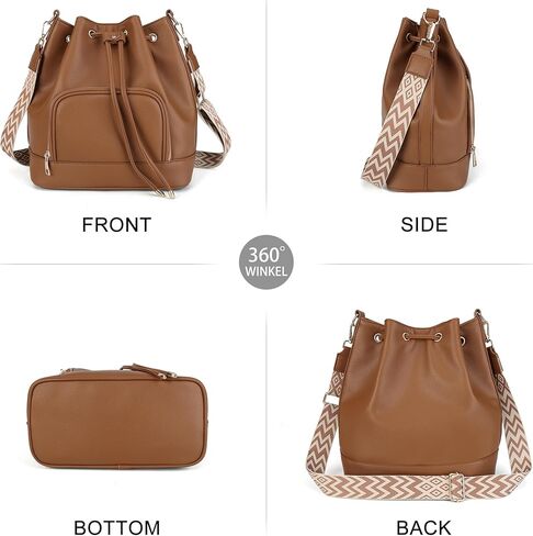 AFKOMST Leather Bucket Bag and Drawstring Crossbody Purse for Women Medium Tote and Hobo Handbag with Guitar Strap in Kuwait