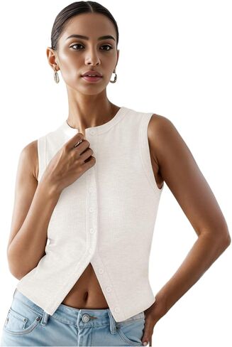 Women’s Button Down Tank Tops Ribbed Summer Vest Button Up Open Front Sleeveless Slim Fit Crop Going Out Tops in Kuwait