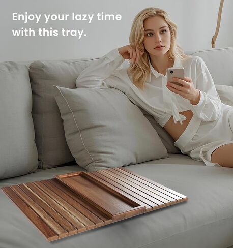 Sofa Arm Tray,Acacia Wood Folding Couch Arm Tray,Sofa Armrest Trays with Anti-Slip Pad for Drinks,Snacks,Phone,Remote Control in Saudi Arabia