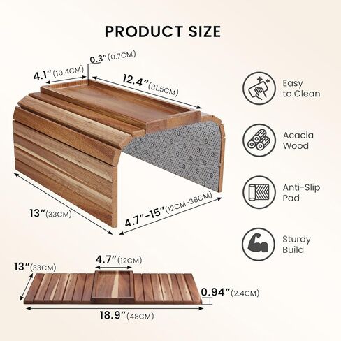 Sofa Arm Tray,Acacia Wood Folding Couch Arm Tray,Sofa Armrest Trays with Anti-Slip Pad for Drinks,Snacks,Phone,Remote Control in Saudi Arabia