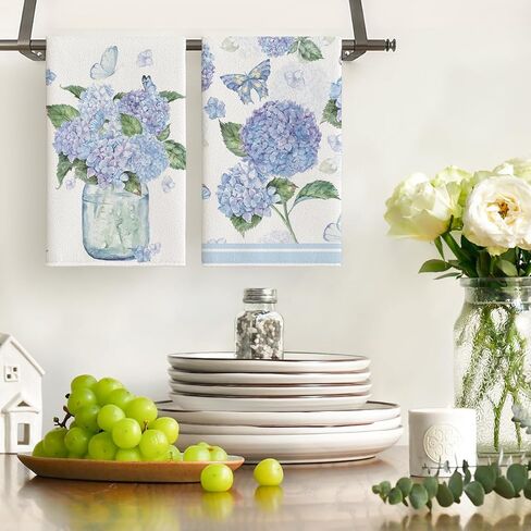 Artoid Mode Hydrangea Vase Butterfly Spring مناشف المطبخ مناشف الأطباق، 18 × 26 بوصة زهور الصيف زينة للعطلات مناشف اليد مجموعة من 2 in Saudi Arabia