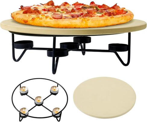 MyGift Pizza Stone with with Warming Tealight Candle Holders, 11.5 Inch Round Bread Warmer Stone, Durable Display Serving Pan for Food, Kitchen, Buffet, Dining Table in Saudi Arabia
