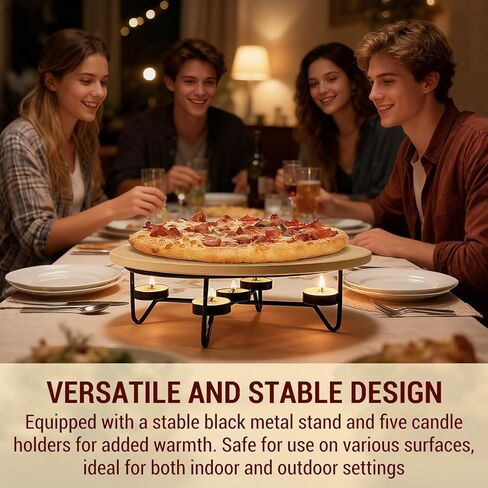 MyGift Pizza Stone with with Warming Tealight Candle Holders, 11.5 Inch Round Bread Warmer Stone, Durable Display Serving Pan for Food, Kitchen, Buffet, Dining Table in Saudi Arabia