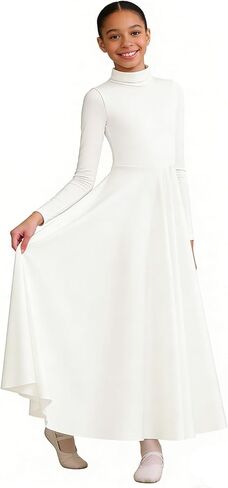MOLLDAN Girls Praise Dance Dress High Neck Long Sleeve Liturgical Church Worship Fit Full Length,Breathable Lined in Saudi Arabia