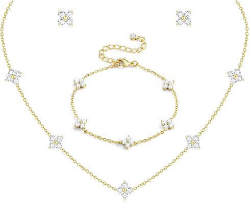ORAZIO Dainty Silver Gold Jewelry Set for Women Trendy 14K Gold Plated CZ Flowers Pendant Choker Necklaces for Women Stud Earrings Clover Link Bracelets Stack Jewelry Gifts for Wedding Prom Brides in Saudi Arabia