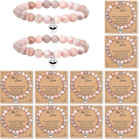 12 Pcs Beaded Adjustable Crystal Natural Stone Bracelets, Inspirational Gifts Bracelets for Women, Natural Stone Gifts Sweet Heart Beaded Bracelets with Cards in Kuwait