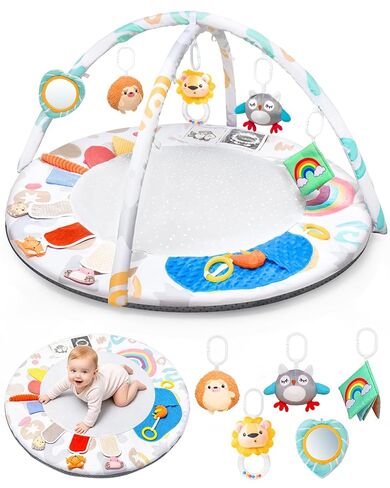 Montessori Baby Play Gym & Activity Mat لتطوير الدماغ (0-12MO) | 5 مناطق الحواس + 5 ألعاب | قابلية النشاط النشاط وقت النشاط المرحلة القائمة على حصيرة لتنمية الدماغ حديثي الولادة أساسي وجاهز للهدايا in Kuwait