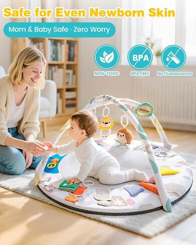 Montessori Baby Play Gym & Activity Mat لتطوير الدماغ (0-12MO) | 5 مناطق الحواس + 5 ألعاب | قابلية النشاط النشاط وقت النشاط المرحلة القائمة على حصيرة لتنمية الدماغ حديثي الولادة أساسي وجاهز للهدايا in Kuwait