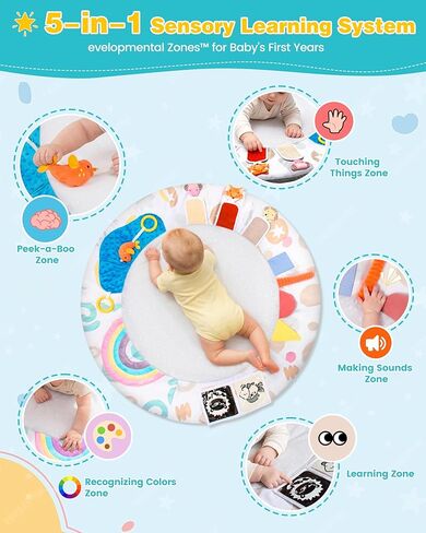 Montessori Baby Play Gym & Activity Mat لتطوير الدماغ (0-12MO) | 5 مناطق الحواس + 5 ألعاب | قابلية النشاط النشاط وقت النشاط المرحلة القائمة على حصيرة لتنمية الدماغ حديثي الولادة أساسي وجاهز للهدايا in Kuwait