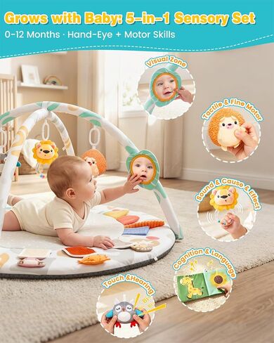 Montessori Baby Play Gym & Activity Mat لتطوير الدماغ (0-12MO) | 5 مناطق الحواس + 5 ألعاب | قابلية النشاط النشاط وقت النشاط المرحلة القائمة على حصيرة لتنمية الدماغ حديثي الولادة أساسي وجاهز للهدايا in Kuwait