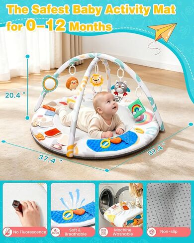 Montessori Baby Play Gym & Activity Mat لتطوير الدماغ (0-12MO) | 5 مناطق الحواس + 5 ألعاب | قابلية النشاط النشاط وقت النشاط المرحلة القائمة على حصيرة لتنمية الدماغ حديثي الولادة أساسي وجاهز للهدايا in Kuwait