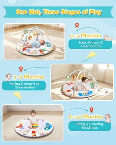 Montessori Baby Play Gym & Activity Mat لتطوير الدماغ (0-12MO) | 5 مناطق الحواس + 5 ألعاب | قابلية النشاط النشاط وقت النشاط المرحلة القائمة على حصيرة لتنمية الدماغ حديثي الولادة أساسي وجاهز للهدايا in Kuwait