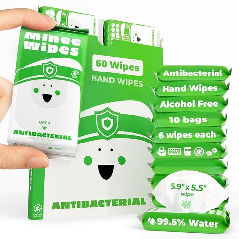 Impossibly Compact Travel Antibacterial Wipes Hand Sanitizer - 99.5% Water and Aloe - Safe for Sensitive Skin & Hypoallergenic Hand Wipes - Travel Essentials For Adults & Kids, 10 Pack Total 60 Wipe in Saudi Arabia