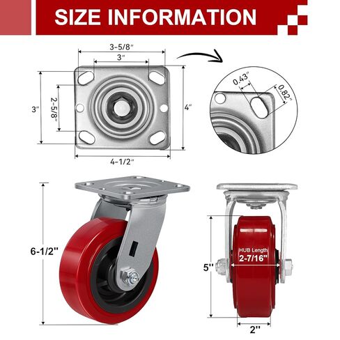 عجلات شديدة التحمل مقاس 5 × 2 بوصة، عجلات صناعية، من مادة البولي يوريثين على عجلة أساسية من البولي أوليفين، سعة/مجموعة تحميل 3200 رطل، محمل أسطواني، لا تترك علامات وكاشطة (2 دوارة و2 صلبة) in Kuwait