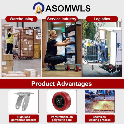 عجلات شديدة التحمل مقاس 5 × 2 بوصة، عجلات صناعية، من مادة البولي يوريثين على عجلة أساسية من البولي أوليفين، سعة/مجموعة تحميل 3200 رطل، محمل أسطواني، لا تترك علامات وكاشطة (2 دوارة و2 صلبة) in Kuwait