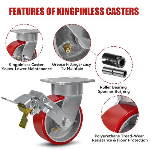 عجلات Kingpinless مقاس 5 × 2 بوصة، مجموعة عجلات صناعية شديدة التحمل مكونة من 4 عجلات، عجلات من مادة البولي يوريثين، السعة الإجمالية 6400 رطل - 4 فرامل in Kuwait