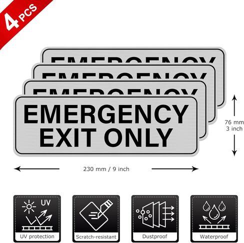 4 Pack Emergency Exit Only Sign Aluminum Self Adhesive 9" x 3" Rust Free Metal Safety Stickers for Business Office Door Wall Glass in Saudi Arabia