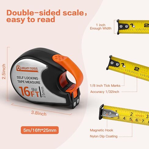 Tape Measure 16ft/5m Self-Locking, Retractable Tape Measure with Fractions, Imperial/Metric Scale, Magnetic Hooks, Rubber + Stainless Steel Case for Home, Construction & DIY in Saudi Arabia