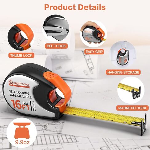 Tape Measure 16ft/5m Self-Locking, Retractable Tape Measure with Fractions, Imperial/Metric Scale, Magnetic Hooks, Rubber + Stainless Steel Case for Home, Construction & DIY in Saudi Arabia