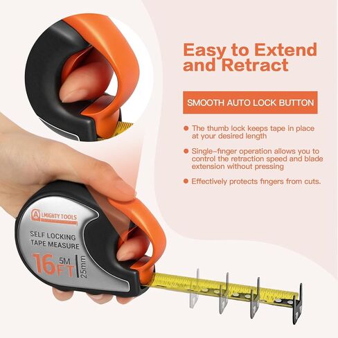 Tape Measure 16ft/5m Self-Locking, Retractable Tape Measure with Fractions, Imperial/Metric Scale, Magnetic Hooks, Rubber + Stainless Steel Case for Home, Construction & DIY in Saudi Arabia