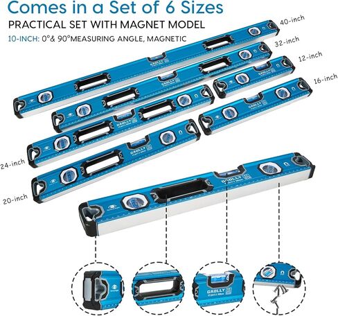 مجموعة مستويات الروح مكونة من 6 قطع (12 بوصة، 16 بوصة، 20 بوصة، 24 بوصة، 32 بوصة، 40 بوصة)، مجموعة مستويات مع طوربيد مغناطيسي، قياس الفقاعات 45 درجة/90 درجة/180 درجة، مستويات من سبائك الألومنيوم، تصميم مفتوح من الأعلى in Kuwait