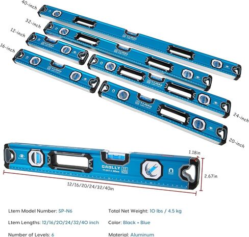 مجموعة مستويات الروح مكونة من 6 قطع (12 بوصة، 16 بوصة، 20 بوصة، 24 بوصة، 32 بوصة، 40 بوصة)، مجموعة مستويات مع طوربيد مغناطيسي، قياس الفقاعات 45 درجة/90 درجة/180 درجة، مستويات من سبائك الألومنيوم، تصميم مفتوح من الأعلى in Kuwait