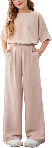 Girl's 2 Piece Casual Linen Summer Outfits Oversize Half Sleeve T Shirt and Wide Leg Pants in Saudi Arabia