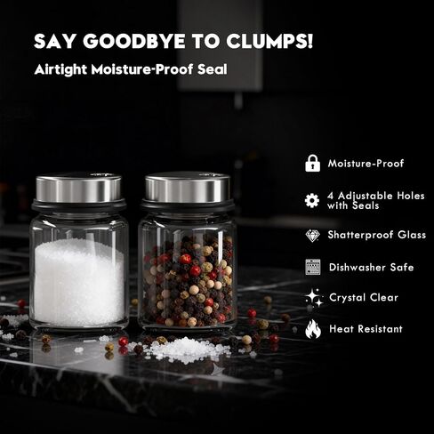 Shatterproof Glass Salt and Pepper Shakers Set Leak & Moisture Proof - 4 Adjustable Holes Precision Control - 5oz Borosilicate Glass Sugar & Spice Jars with Stainless Lid, Wide-Mouth, Dishwasher Safe in Saudi Arabia