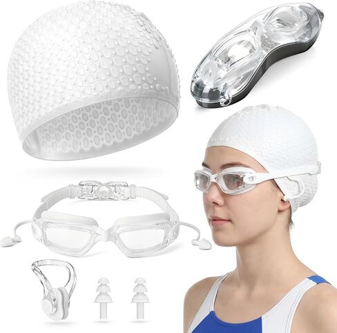Tallew Swim Goggles Swimming Cap Set with Earplugs, Nose Clip and Case Silicone Swim Hat Waterproof Chlorine Resistant in Saudi Arabia