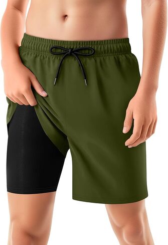 Boys' Swim Trunks with Compression Liner Quick Dry Anti-Chafe Shorts Pockets Bathing Suit Beach Swimwear 5-14 Years in Saudi Arabia