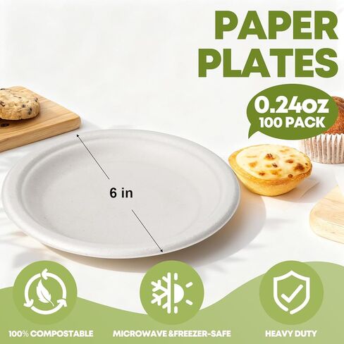 W&Y 100 Pack 6 Inch Disposable Small Paper Plates,Heavy Duty Dessert Plates - Compostable, Microwave-Safe, Leak-Proof, Ideal for Parties, Picnics & Daily Use in Saudi Arabia