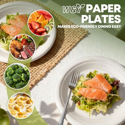 W&Y 100 Pack 6 Inch Disposable Small Paper Plates,Heavy Duty Dessert Plates - Compostable, Microwave-Safe, Leak-Proof, Ideal for Parties, Picnics & Daily Use in Saudi Arabia