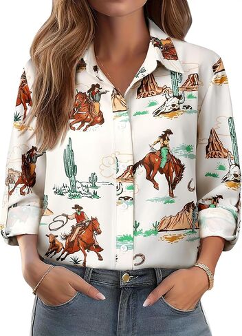 MYMORE ❷⓿❷❺ Women's Western Cowgirl Graphic Button Down Shirt Long Rolled 3/4 Sleeve Floral Print Cowboy Shirts in Saudi Arabia