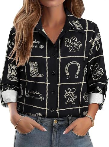 MYMORE ❷⓿❷❺ Women's Western Cowgirl Graphic Button Down Shirt Long Rolled 3/4 Sleeve Floral Print Cowboy Shirts in Saudi Arabia