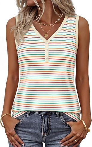 MEROKEETY Women's Summer Tank Tops 2026 Striped V Neck Sleeveless Casual Henley Shirts Colourful Button Cami Tee in Saudi Arabia