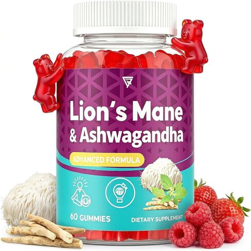 Organic Ashwagandha Gummies & Lions Mane Gummies with 4 Adaptogens| Brain Supplements for Memory and Focus, Stress, Energy, Immune, Sleep| Cortisol Supplements for Women & Men| Berry Flavor, 60 Counts in Saudi Arabia