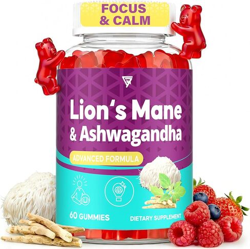 Organic Ashwagandha Gummies & Lions Mane Gummies with 4 Adaptogens| Brain Supplements for Memory and Focus, Stress, Energy, Immune, Sleep| Cortisol Supplements for Women & Men| Berry Flavor, 60 Counts in Saudi Arabia