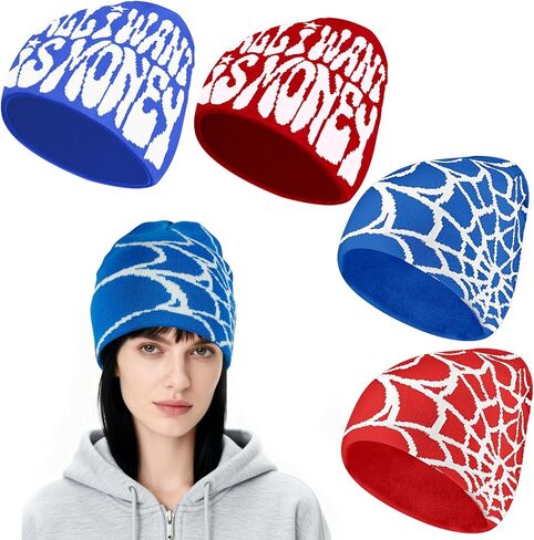 4 قطع Y2k Beanies Spider Web Pattern أكريليك محبوك قبعات كاجوال ملابس الشارع للنساء والرجال الشتاء في الهواء الطلق in Kuwait