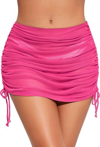 Women Swimsuit Cover Up Skirt Drawstring Ruched Bathing Suit Wraps Skirt Mesh Sheer Beach Swim Sarong Skirt in Saudi Arabia