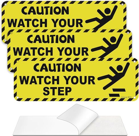 3 Pack Caution Watch Your Step Sign, 3" x 9" Aluminum Metal Self-Adhesive Warning Sign for Business Restaurants Offices, Easy to Install in Saudi Arabia