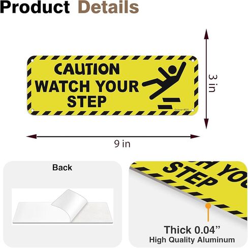 3 Pack Caution Watch Your Step Sign, 3" x 9" Aluminum Metal Self-Adhesive Warning Sign for Business Restaurants Offices, Easy to Install in Saudi Arabia