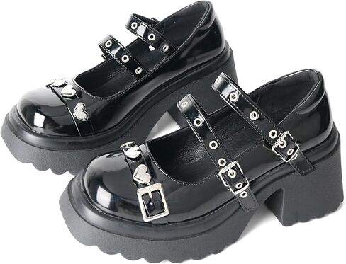 Meotina منصة Mary Jane Shoes Women Gothic حذاء مكتنزة الكعبة القوطية مع قلب حزام كاحل براءات الاختراع السوداء مضخات الجلود in Saudi Arabia
