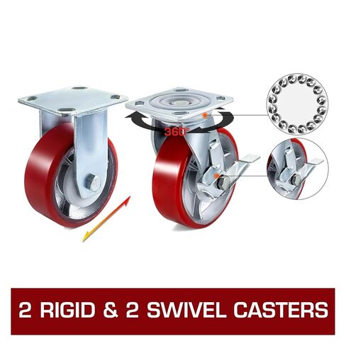 4-Pack 6" x 2" Heavy Duty Iron Core Polyurethane 2 Rigid Casters and 2 Swivel Casters with Side Brakes 1000 lbs Capacity per Wheel in Saudi Arabia