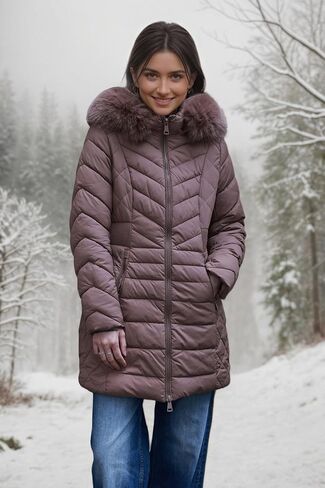 XULIKU Women Puffer Parka Coat with Faux Fur Collar Hooded, Winter Mid-Length Warm Quilted Jacket, Zipper Up Overcoat in Kuwait
