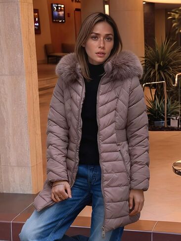 XULIKU Women Puffer Parka Coat with Faux Fur Collar Hooded, Winter Mid-Length Warm Quilted Jacket, Zipper Up Overcoat in Kuwait