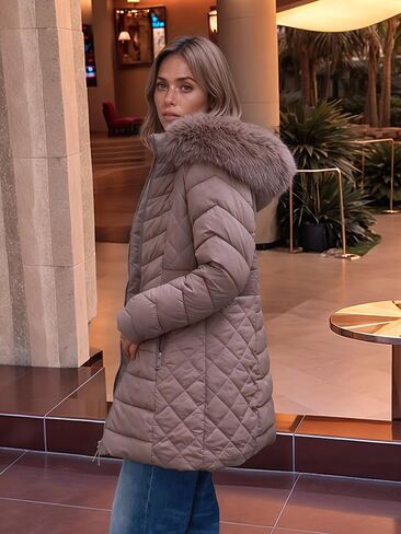 XULIKU Women Puffer Parka Coat with Faux Fur Collar Hooded, Winter Mid-Length Warm Quilted Jacket, Zipper Up Overcoat in Kuwait