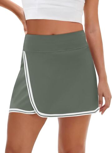 Fisoew Womens Golf Tennis Running Skorts Striped Elastic Waist Skirts Quick Dry Workout Athletic Shorts with Pockets in Kuwait