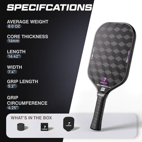 YVmove T800 Carbon Fiber Pickleball Paddle with 16mm V-Sonic IV Dynamic Core, Premium Pickle Ball Thermoformed Unibody, Elongated Shape, Enhanced Power & Ultimate Spin, USAPA Approved, Storm008 in Saudi Arabia
